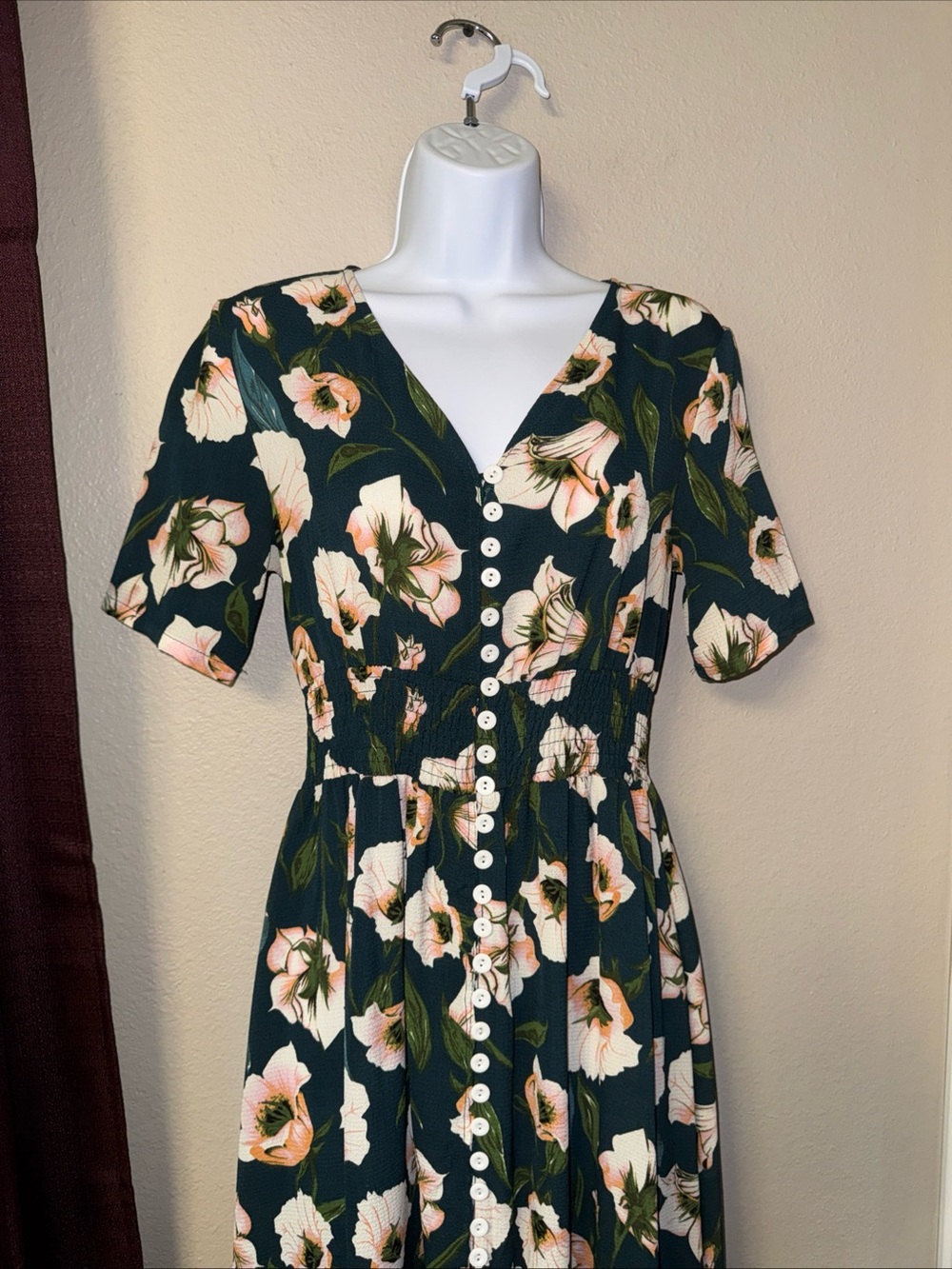 #861 Boutique Hunter Green/Multi Floral Button-Down Maxi Dress Size Extra Small - Picture 2 of 9